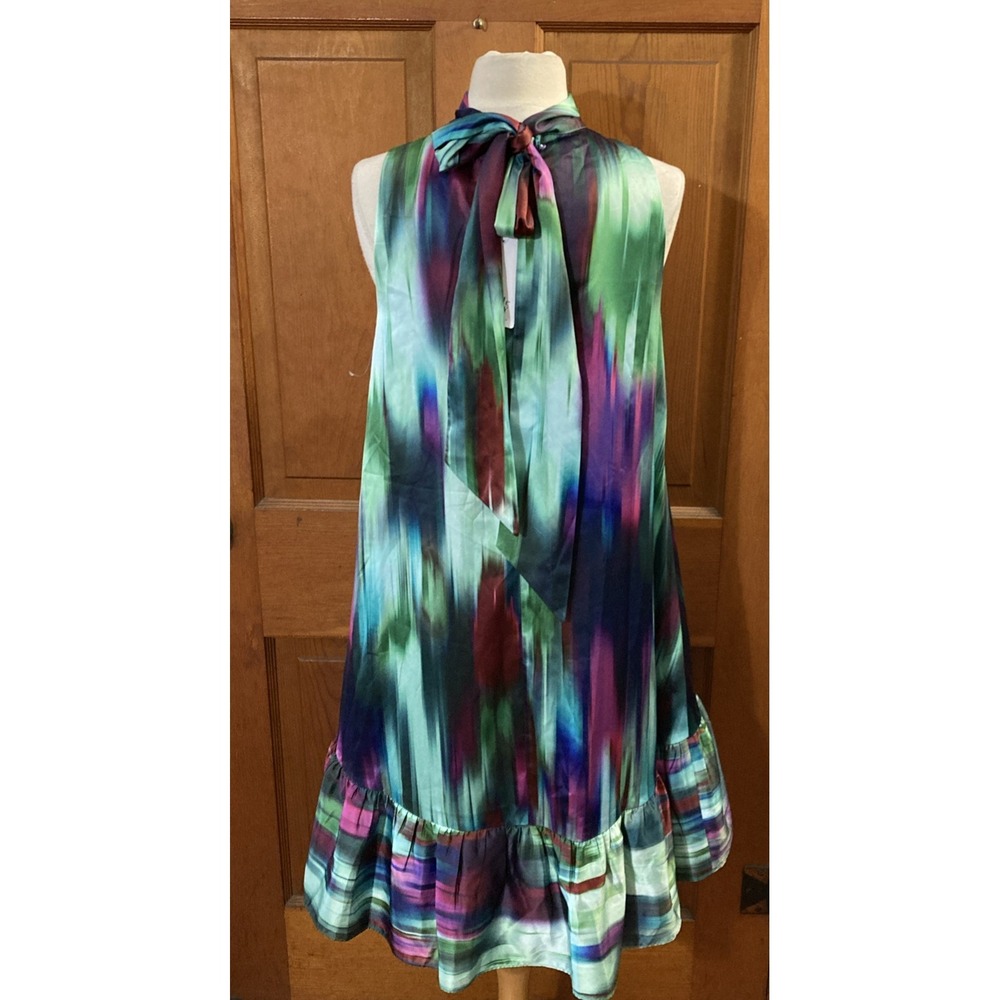Belle Badgley Mischka Hadley Dress Sz 4 New Green Colorful Satin A Line Read - Picture 2 of 12
